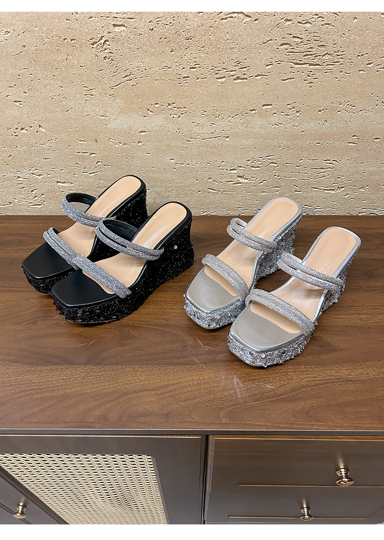 Sandal cao gót nữ mũi vuông hở ngón đính đá lấp lánh phong cách Pháp — màu đen, bạc chi tiết 15