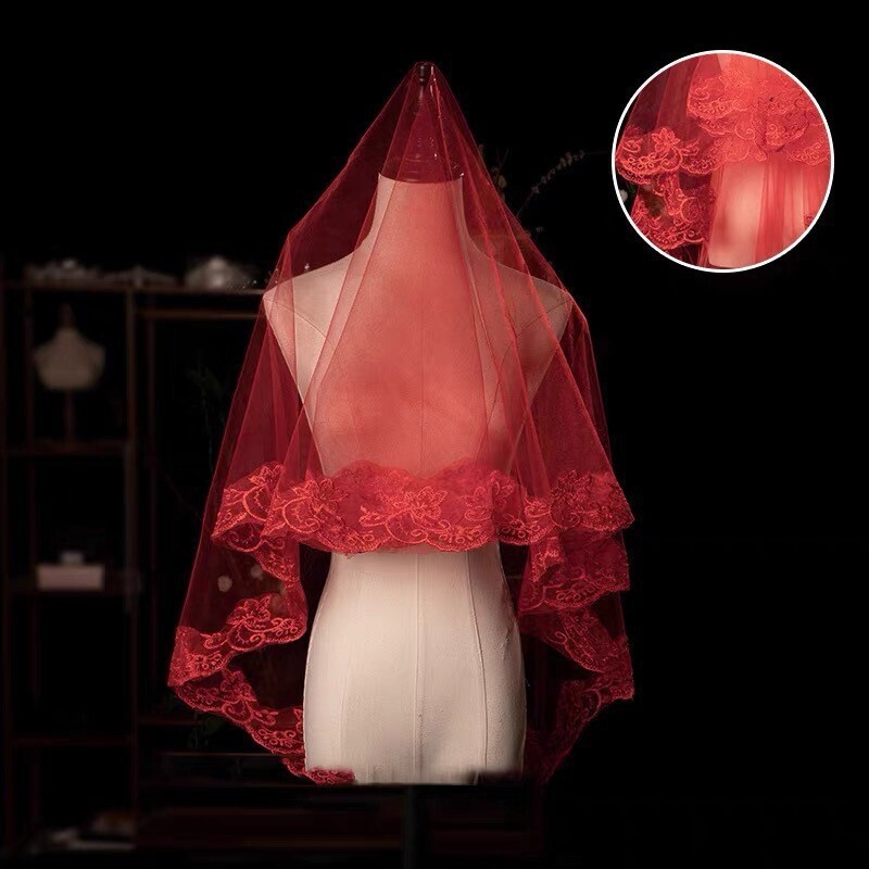 Red Veil Bridal Headpiece Vintage Lace New Chinese Style Xiuhe Traditional Wedding Red Veil Wedding Veil Cosplay Black