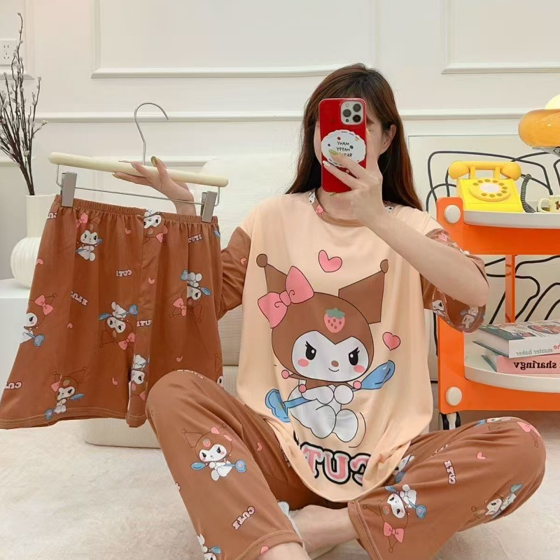Pijamas de verano transfronterizos pijamas de leche de seda de tres piezas set de dibujos animados comercio exterior ropa para el hogar pantalones de mangas cortas lindos