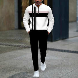 2025欧美TIKI速卖通半开门襟拉链套头休闲时尚男士长袖长裤套装