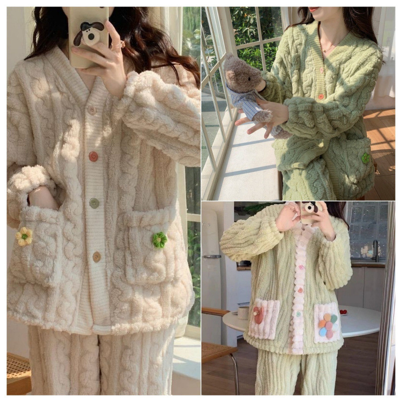 秋冬女士加绒加厚家居服可外穿珊瑚绒睡衣冬提花彩虹小花开衫套装