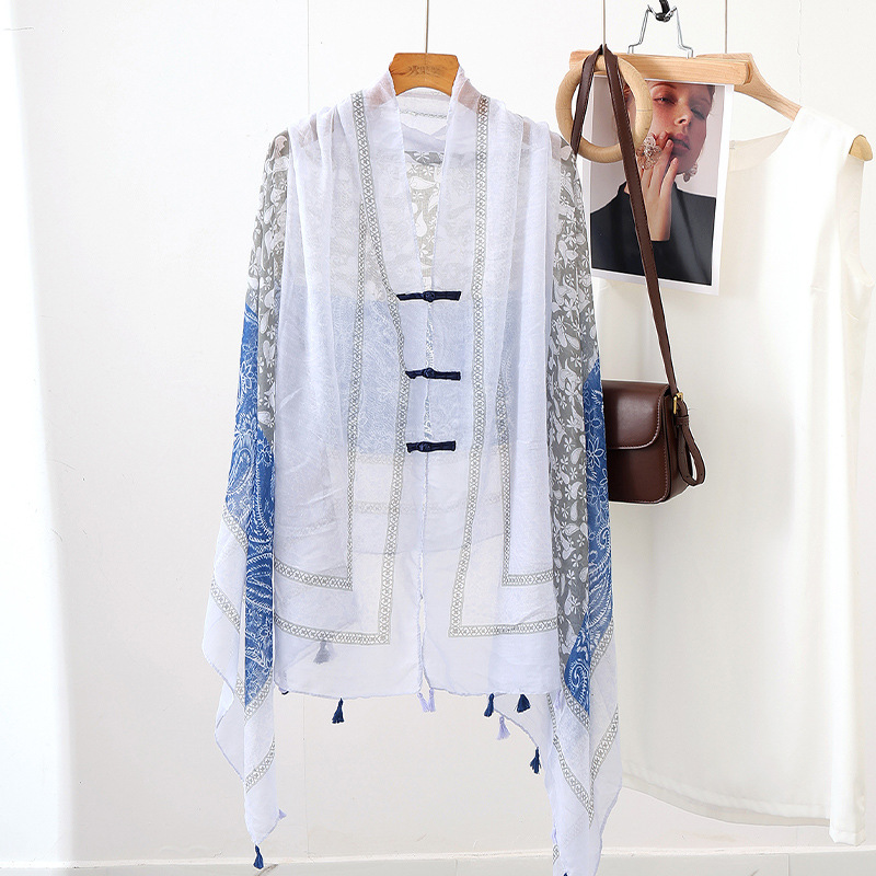 Chal de verano con falda, estampado de verano, nuevo estilo chino, bufanda de seda con hebilla, chal de protección solar, chaleco pequeño