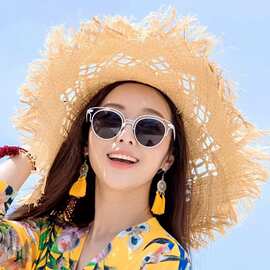 镂空拉菲草帽女新款沙滩帽拍照夏天大檐休闲纯色毛边大沿太阳帽女