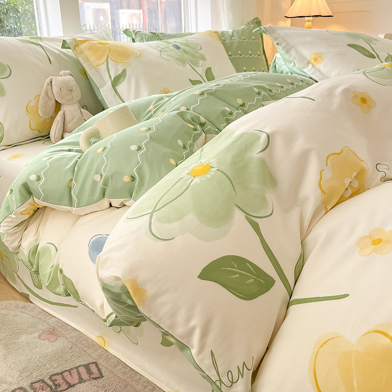 Juego de cuatro piezas de algodón puro, ropa de cama de algodón 100% estilo nuevo 2026, funda nórdica floral fresca, sábana, juego de tres piezas para dormitorio, sábana ajustable.