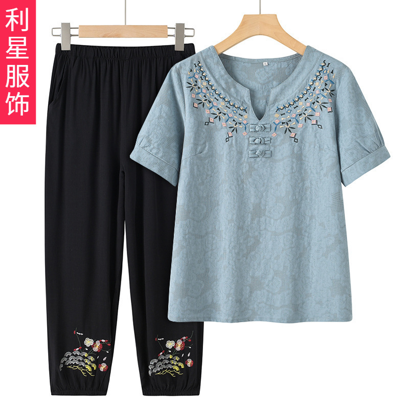 Mother's Suit Summer Cotton and Linen Short-sleeved T-shirt Loose Middle-aged and Elderly Women's Two-piece Suit Grandma's Summer Clothes
