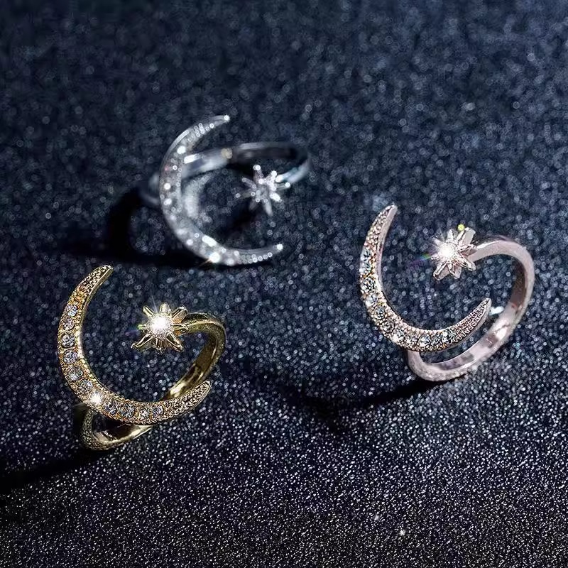 Cross-border wish best selling new crescent moon ring Europe and America plated 18k creative exaggerated open engagement ring