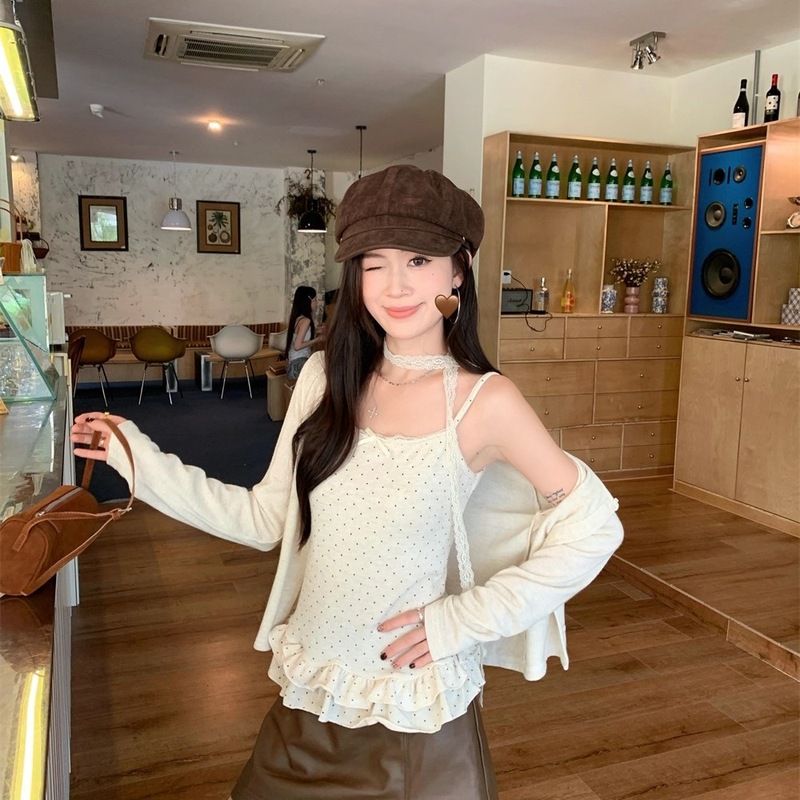 【双纱绒面布+花边染色】新款两件套波点荷叶边吊带背心套装|undefined