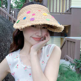 夏天海边新款纽扣拉菲草遮阳空顶草帽女甜美蕾丝蝴蝶结毛边太阳帽