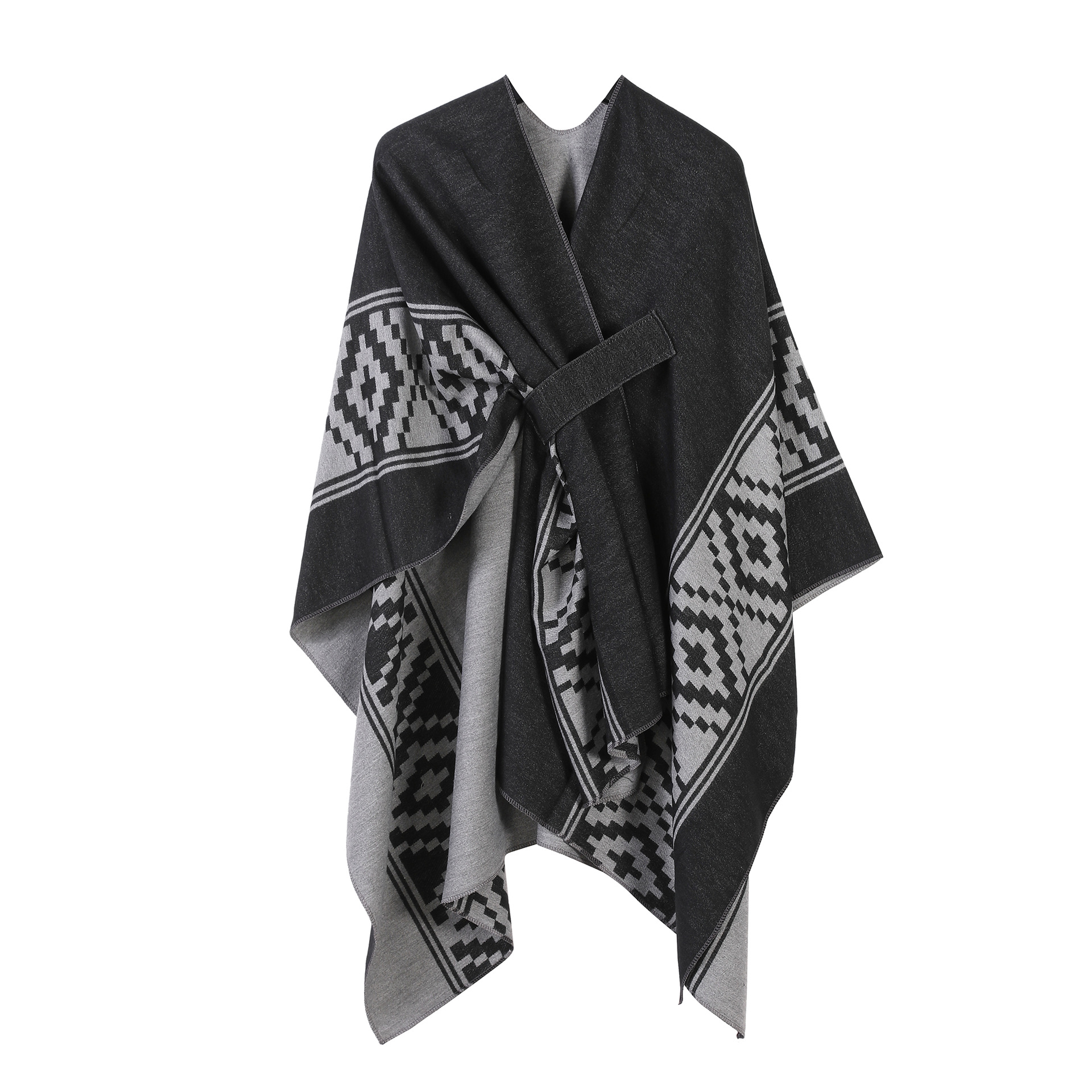 Chal de capa de doble cara lisa europea y americana con marco de puerta a rayas para mujer