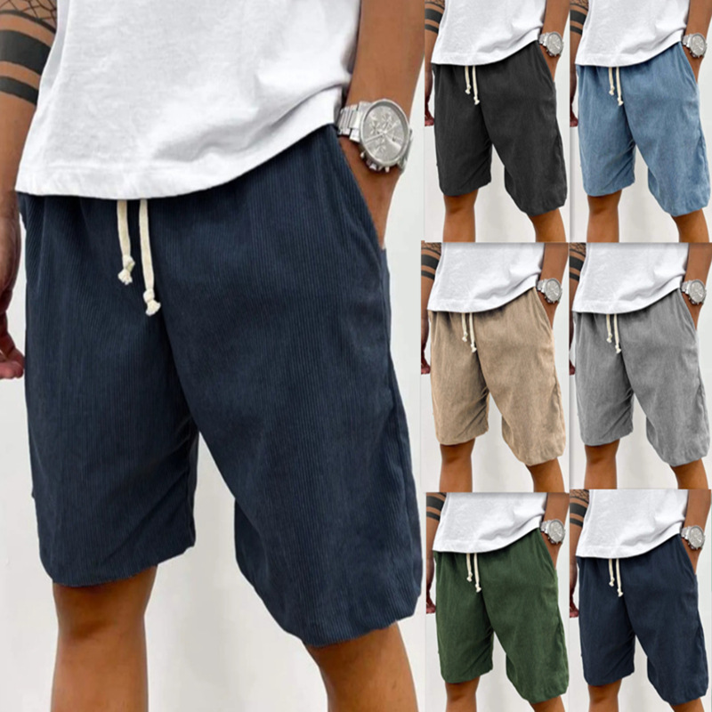 Cross-border 2025 Amazon Independent Station Corduroy Men's Solid Color Strap Sports Pants Five-point Casual Loose Shorts