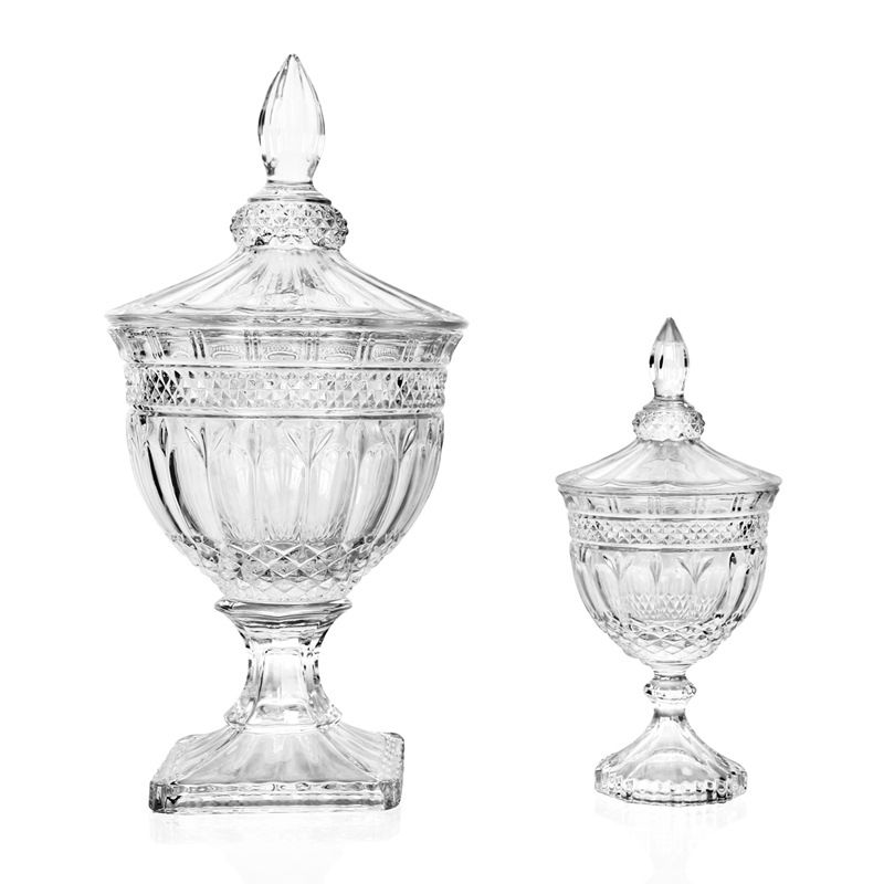 Estilo europeo retro en relieve caja de dulces de vidrio copa de caramelo tarro caja de fruta seca con tapa caja de almacenamiento tarro de almacenamiento en el hogar