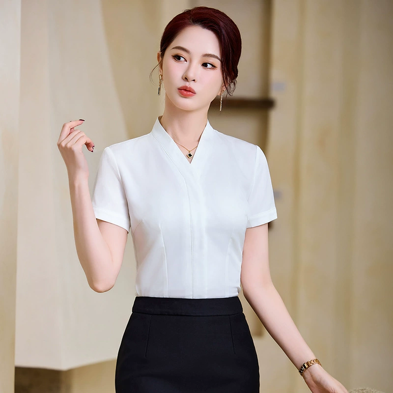 Blue summer shirt for work, V-neckline, 2025 years, with short sleeve