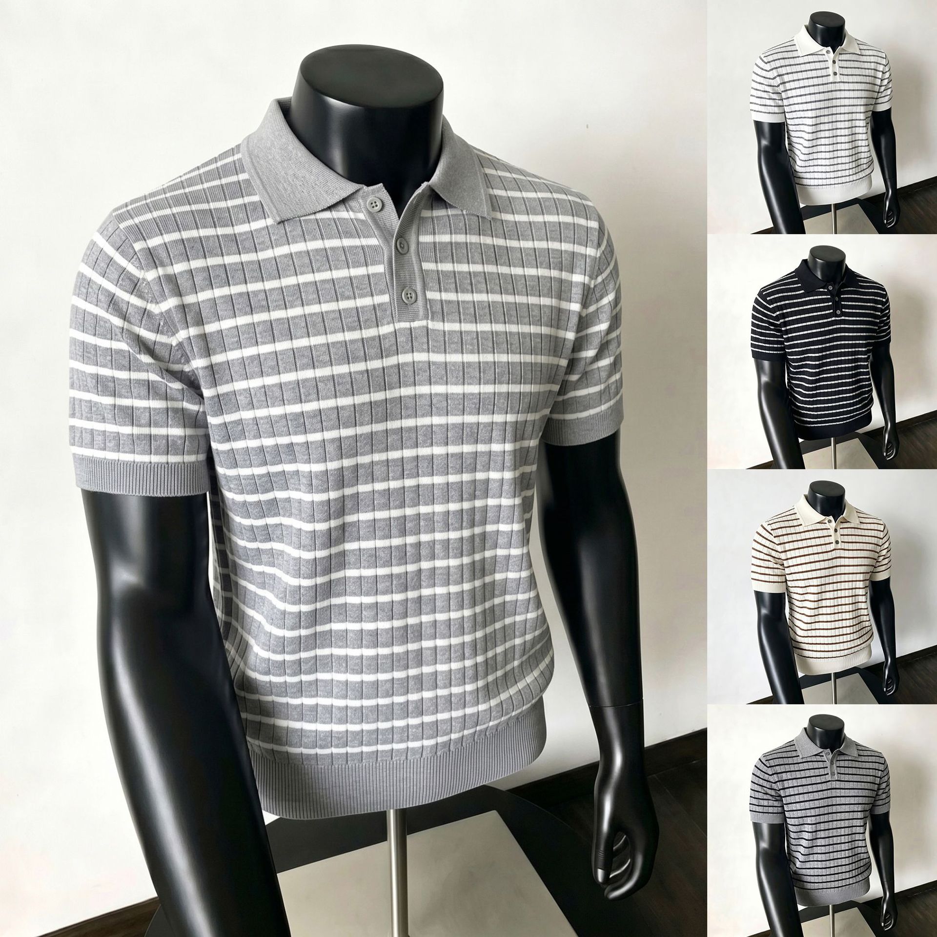 Camisas de polo camisetas de punto de manga corta camisetas a rayas de hombre texturas de alto nivel viejos ganancias de hielo seda verano fábrica transfronteriza al por mayor