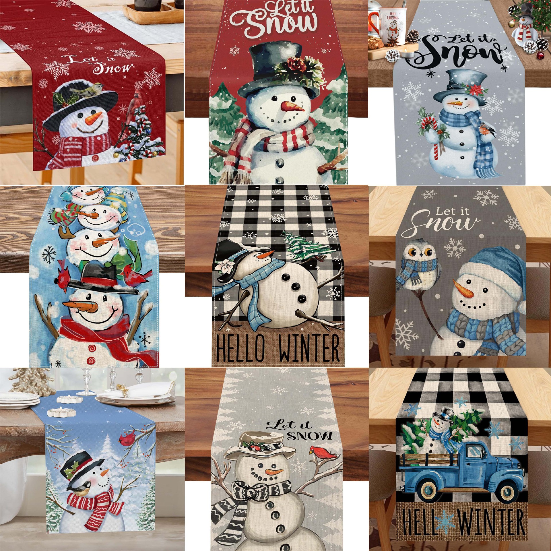 Transfronterizo 2024 Amazon nuevo invierno Navidad muñeco de nieve flocos de nieve lino tabla bandera de mesa mesa mesa de comedor bandera de té