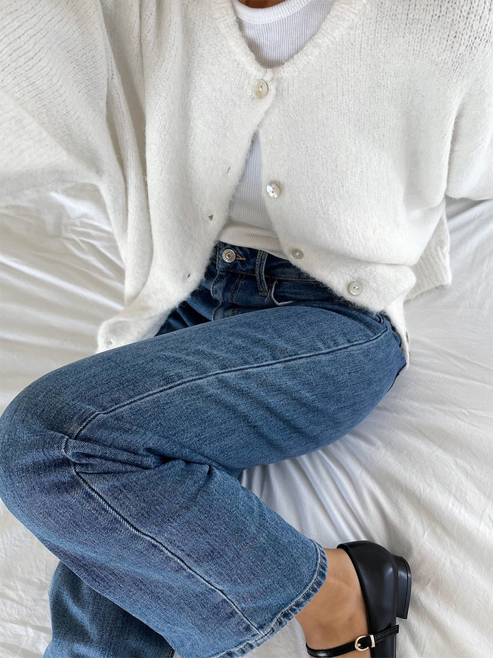 Áo khoác cardigan len nữ cổ tròn dài tay cài một hàng cúc phong cách retro thanh lịch — Màu trắng, Màu xám đậm, Xanh da trời, Xanh lá cây chi tiết 11