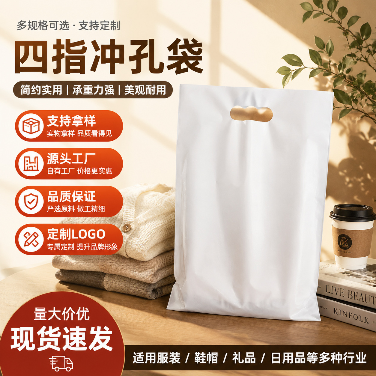 Custom plastic tote bags with printed logo, flat-mouth clothing packaging bags, large-capacity four-finger perforated gift plastic bags