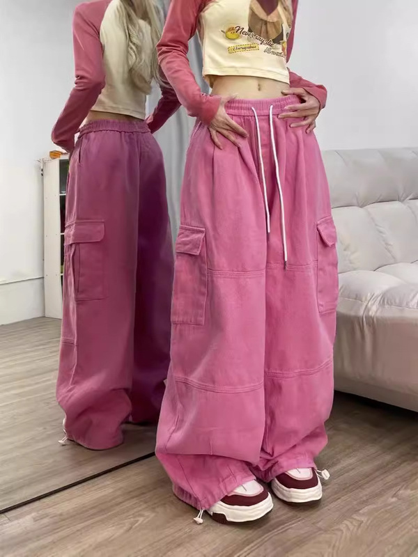 アメリカのレトロなピンクの服装のズボンの女性の春秋のまっすぐな筒のゆったりしている広脚の高い腰はやせているカジュアルなズボンのデニムのズボンの潮を現します。|undefined