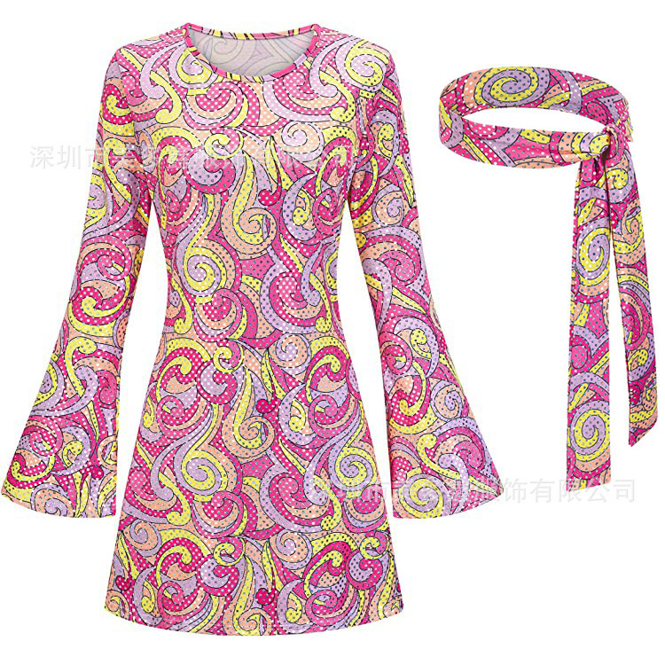 欧米の国境を越えたハロウィーン70年代のヒッピーディスコの服装のgoドレスの頭巾のワンピースの2つのセット|undefined