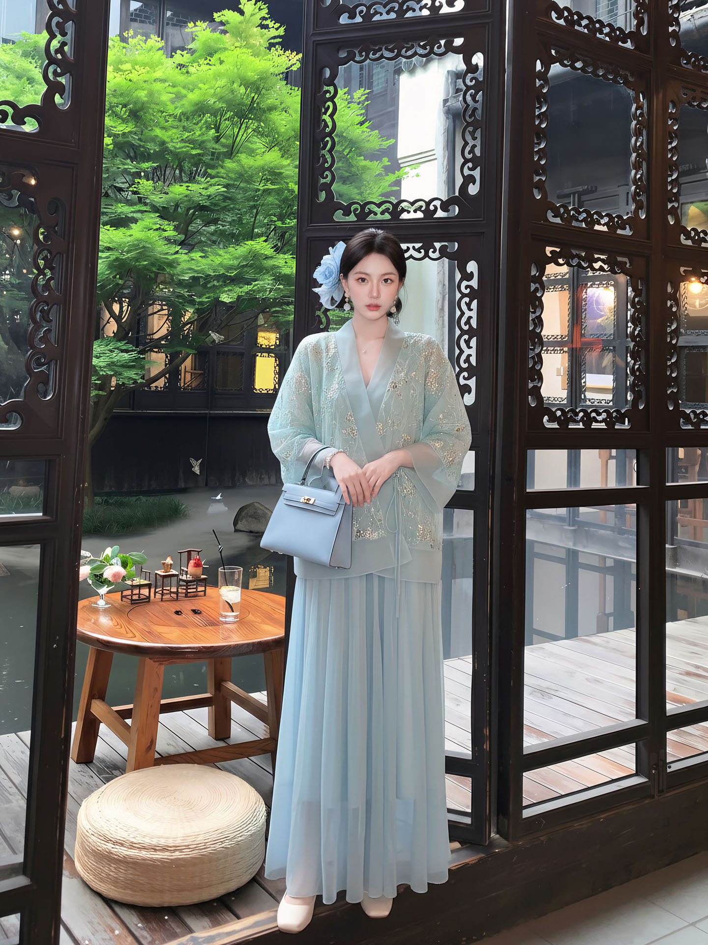 Bộ áo khoác ngoài và đầm dây phong cách Tân Trung Hoa thêu hoa sequin nặng — bộ đồ, đầm dây, áo khoác