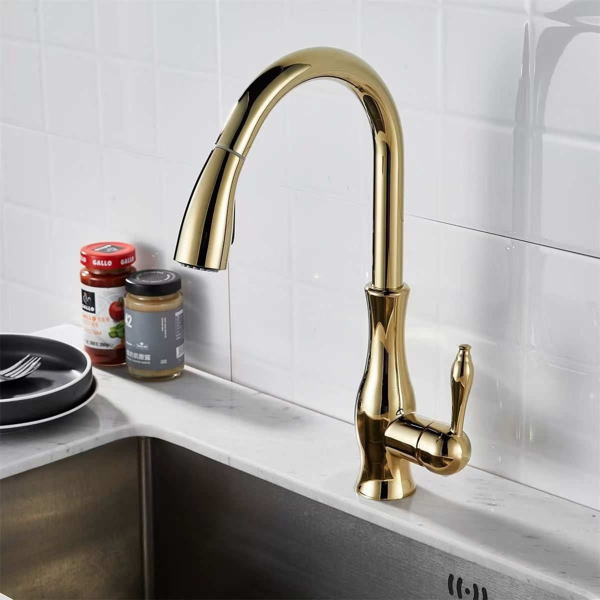 Transfronterizo retro de estilo Europeo tirón grifo antiguo cepillado oro color vegetal cuenca tirar de la cocina grifo caliente y fría image 14