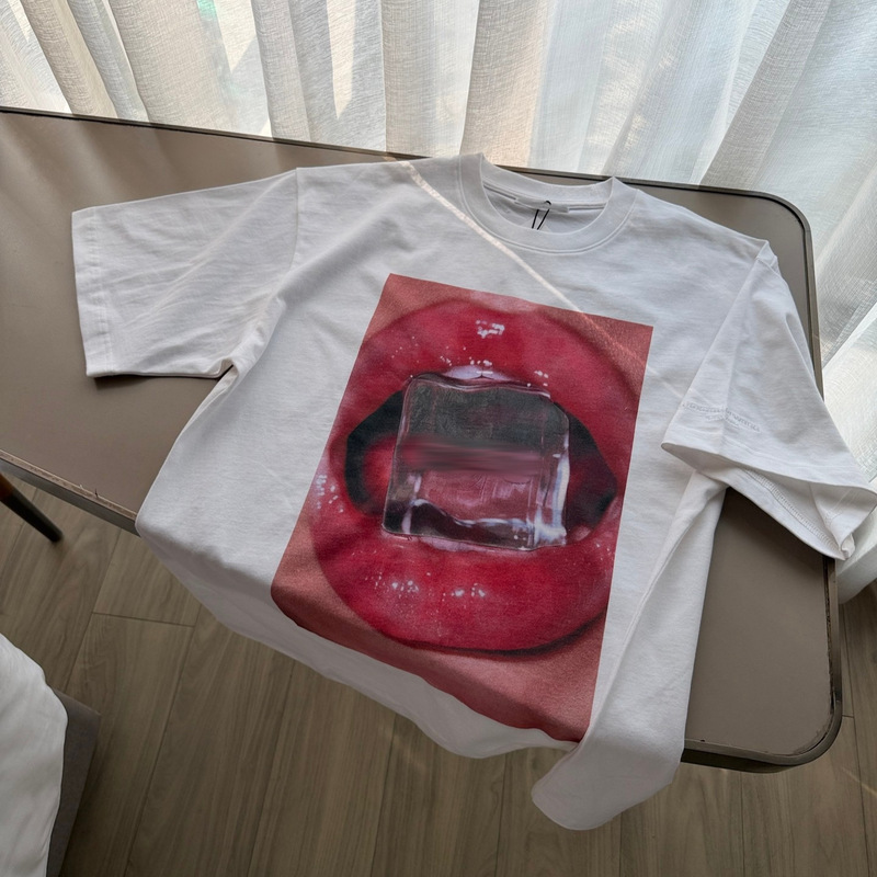 Correct Version A*W26 New Summer Product Red Lip Ice Cube Print Loose Vintage Round Neck Short-Sleeve T-Shirt Unisex