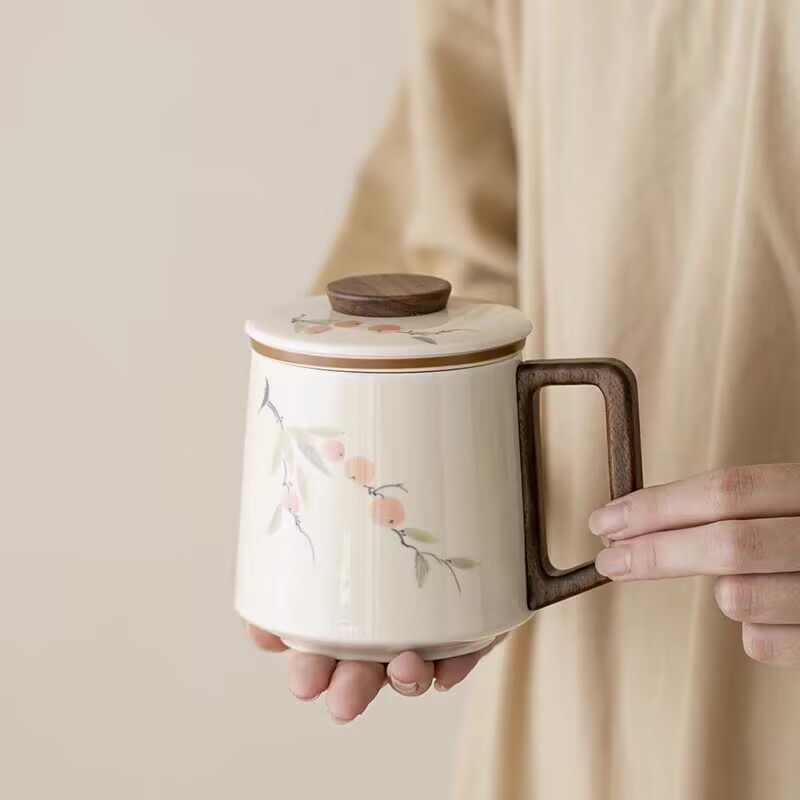 草灰手描きマグカップ蓋付きセラミックウォーターカップティーカップハイエンド茶水分離オフィスカップティーカップギフト|undefined