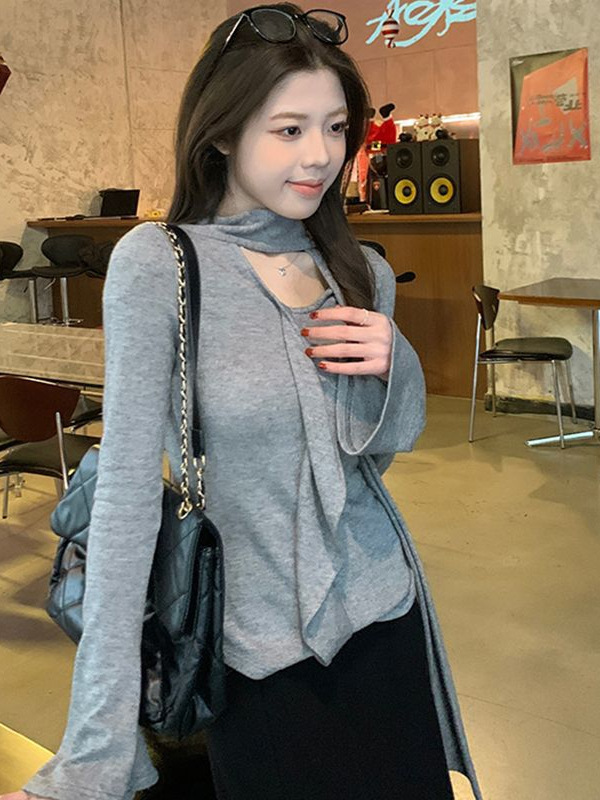 荷叶边飘带圆领长袖T恤衫女秋2025新款不规则设计感打底衫上衣潮|undefined