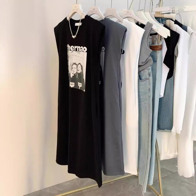 100% cotton vintage printed shoulder pad sleeveless T-shirt dress female 2024 Summer