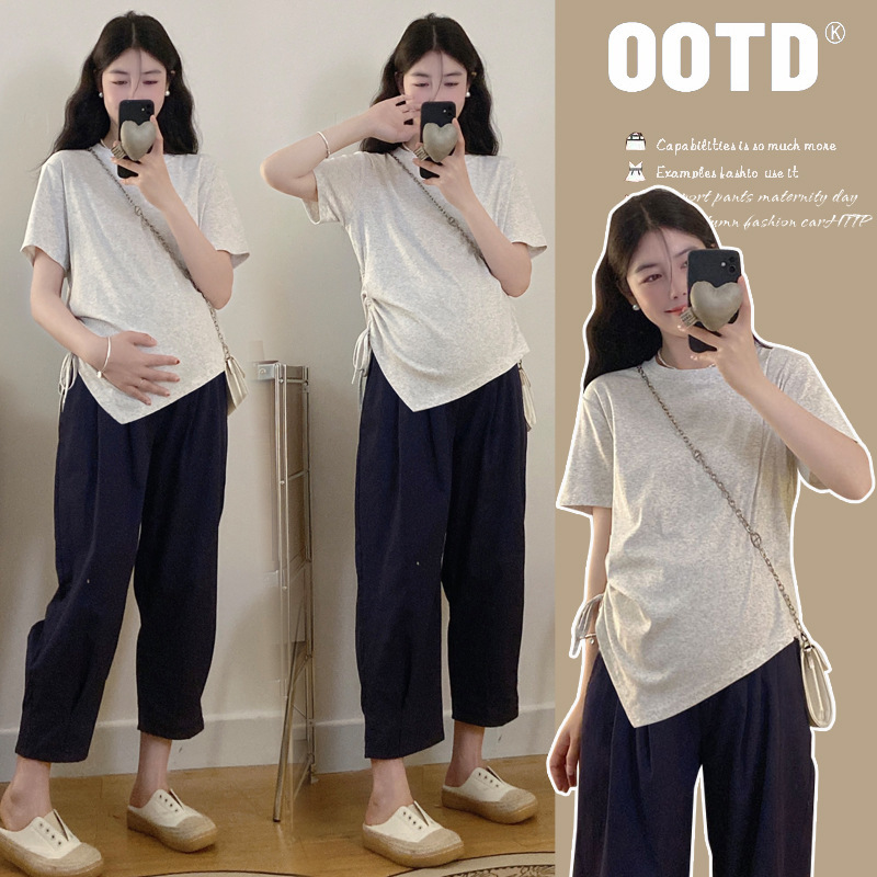 2025 Pregnant Women Summer Clothes Top Drawstring Cotton T-Shirt