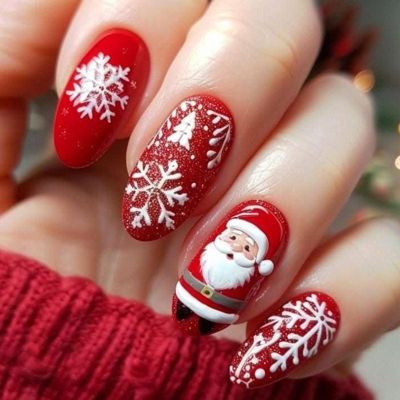Christmas Wearable Nails Red Almond Shape Snowflake Santa Claus Pattern Design Removable Fake Nail Patch Christmas Wearable Nails Red Almond Shape Snowflake Santa Claus Pattern Design Removable Fake Nail Patch