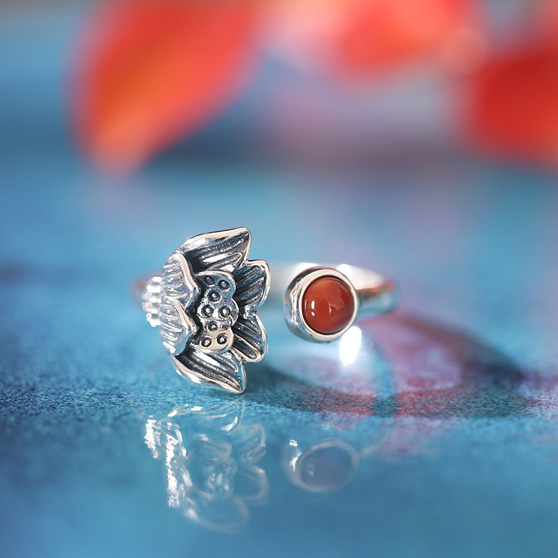 Lotus Red Agate Ring 925 Sterling Silver Jewelry New Retro Ring display picture 4