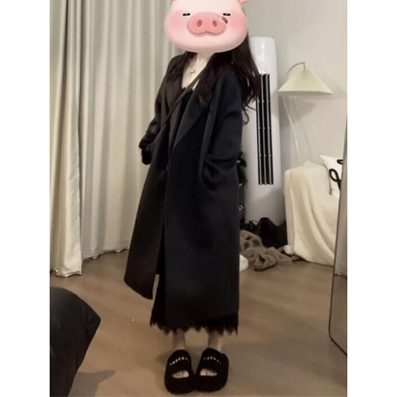 黑色呢子大衣女高级感加棉毛呢外套秋冬新款小个子赫本风韩系|undefined
