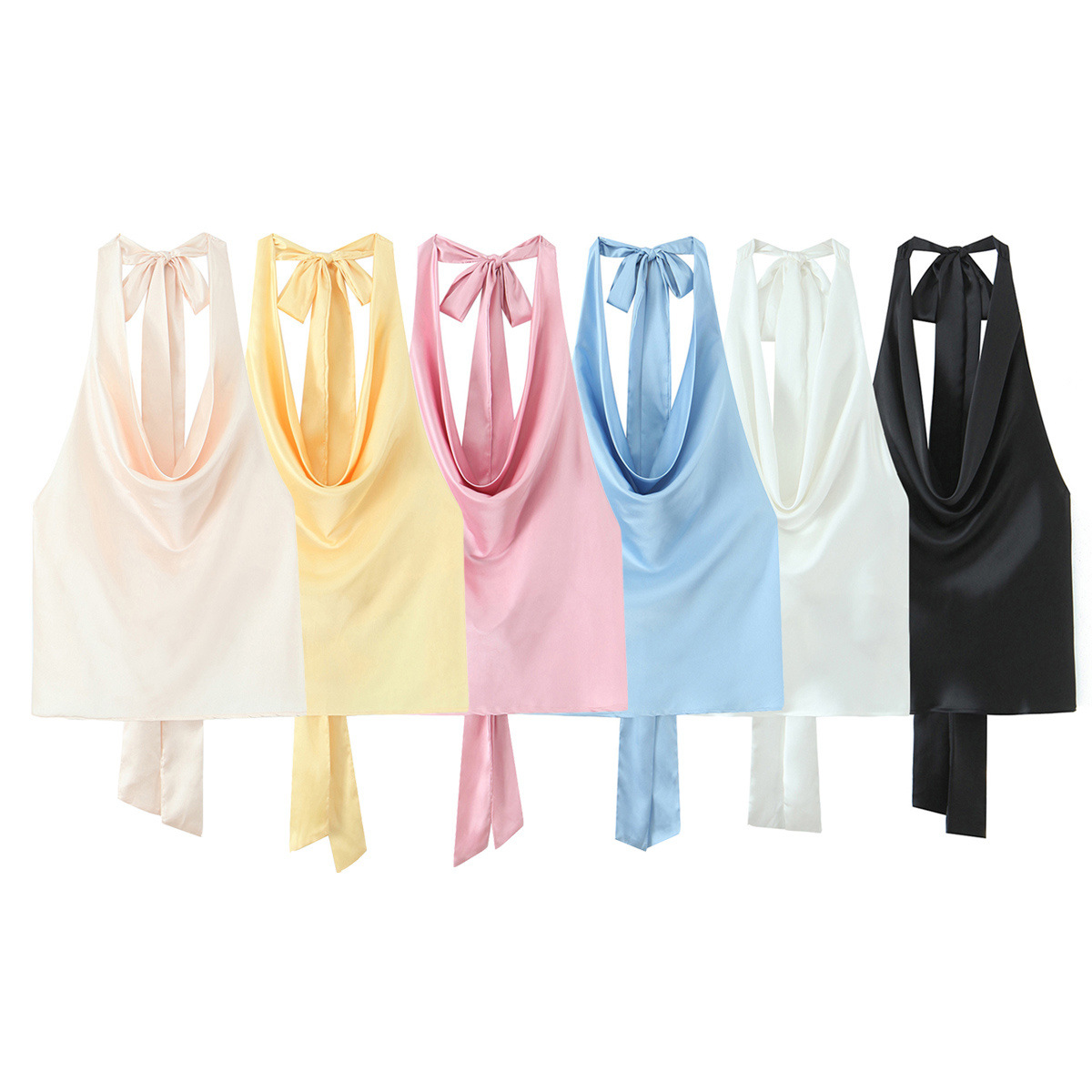 Women's Sexy Backless Bow Halter Neck Satin Top Summer New_ecoleips.com
