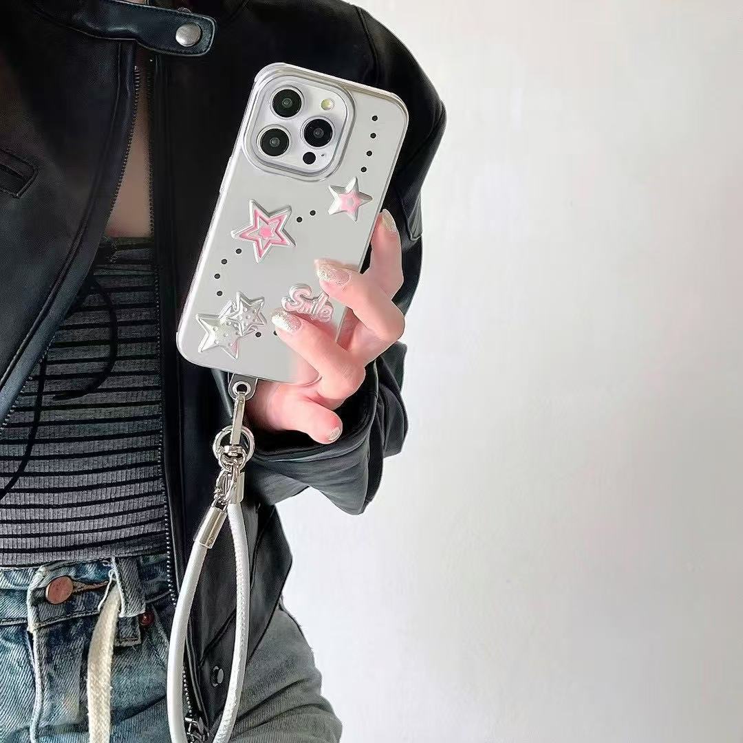 Estrellas tridimensionales dulces y frescas para iphone16ProMax Girl 15 Apple 14 funda para teléfono móvil 13 cuerda de mano 16 galvanoplastia