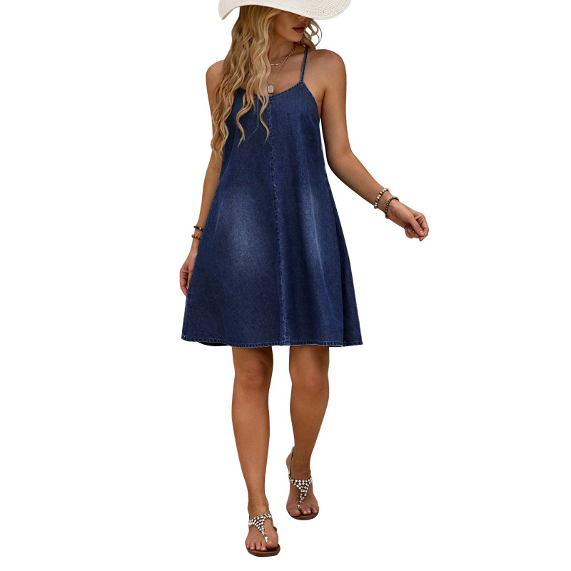 Women's Relaxed Style Denim Suspender Dress Casual Summer Clothing 218590 Cross Border Factory Direct Sales Regular Size_ecoleips.com
