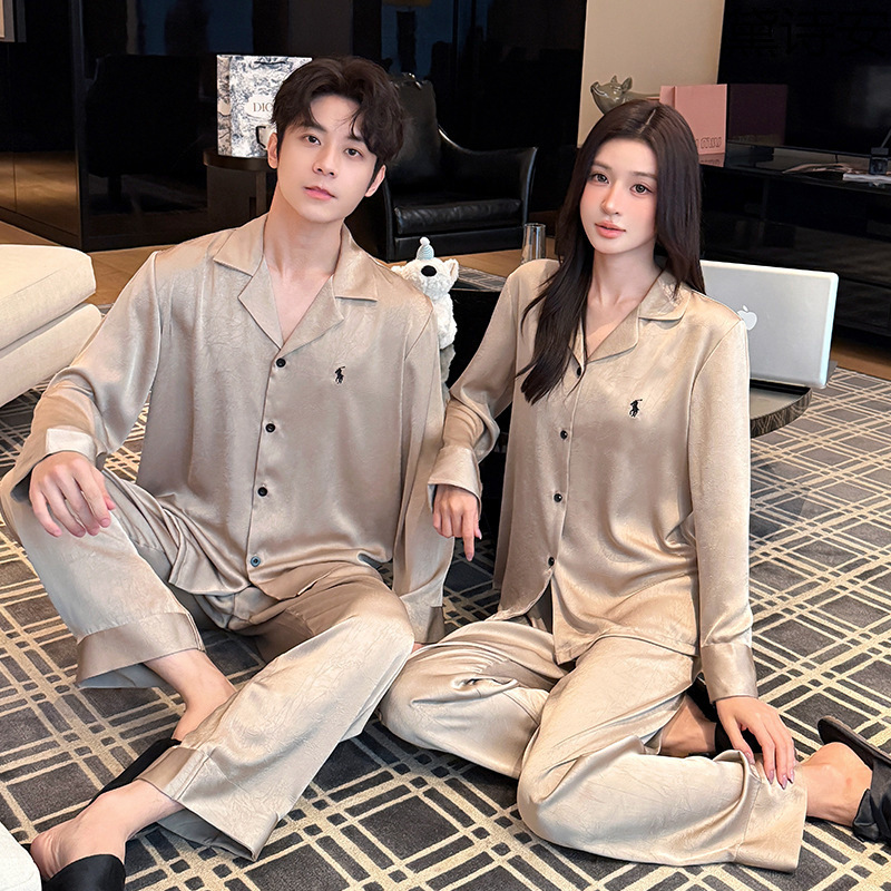 Daisian Cracked Pattern Embroidered Pony Luxury Pajamas for Couples, Early Spring Style, Ice Silk High-End Long Sleeve Set, Comfortable for Outerwear