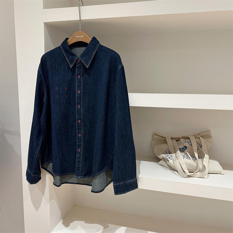 Japanese Magazine Style 2025 Autumn Black and Blue Lapel Denim Shirt for Women, High-Quality Recommended, Self-Retained Top Jacket