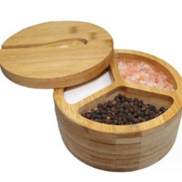 Tarro de sal de bambú transfronterizo suministros de cocina Tarro de condimento de bambú con cuchara Caja de condimento de bambú en stock Estante de especias