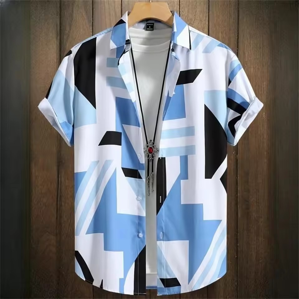 Camisa hawaiana de solapa de un solo pecho de manga corta suelta para hombre, estampado geométrico simple en color de contraste 3D