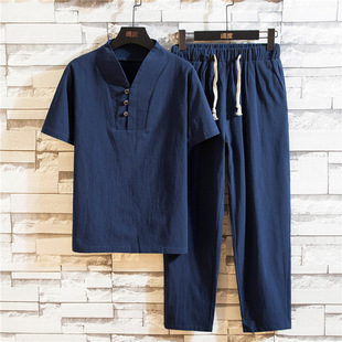 Chinese Style Men's Summer Linen Suit Men's Cotton and Linen Loose Casual Short-sleeved T-shirt Ankle-length Pants Two-piece Set Trendy