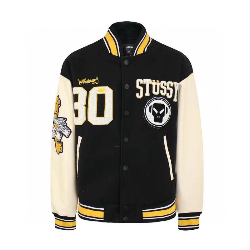 Stussy High-Quality New 30Th Anniversary Heavy Collaboration Towel Embroidery Baseball Jacket Black and Beige Stussy High-Quality New 30Th Anniversary Heavy Collaboration Towel Embroidery Baseball Jacket Black and Beige