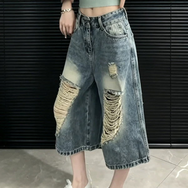 2026 New American High Street Retro Ripped Wide-Leg Denim Cropped Pants for Women, Loose Fit, Slimming, Trendy Design 2026 New American High Street Retro Ripped Wide-Leg Denim Cropped Pants for Women, Loose Fit, Slimming, Trendy Design