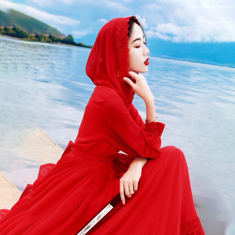 Beach, Desert, Xinjiang Travel Photography, Silk Mulberry Silk Dress, Super Fashionable Hooded Sun Protection Long Dress