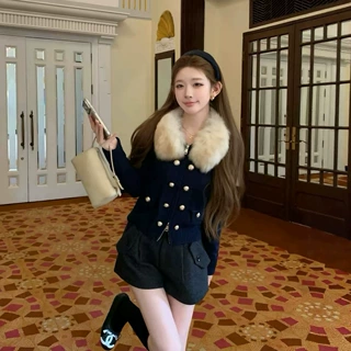 轻奢翻毛领长袖2026短款毛衣外套女秋冬针织开衫上衣时尚气质穿搭