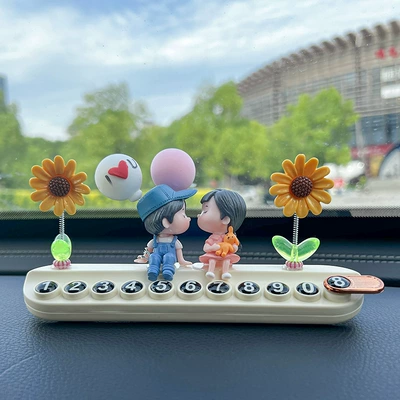 Balloon Couple Doll Temporary Parking Number Plate Cute Creative Car Moving Phone Plate Aromatherapy Car Interior Decoration Ornaments (Nömrəli dayanma kartı) - blue-balloon-couple-white-free-aromatherapy