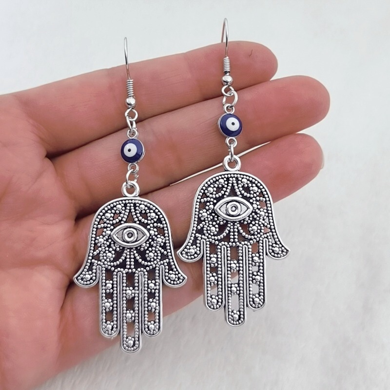 Bohemian Vintage Silver Color Hand Hamsa Earrings Fatima Hand Dangle Evil Eye Pendant Earrings Lucky