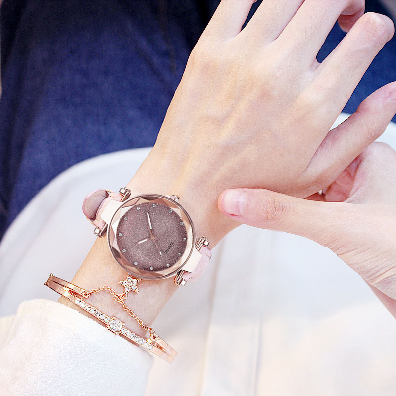 15g Weight Tempered Glass Mirror Material Imitation Leather, Belt Strap Material Watch Classification Simple Style Round Starry Sky Buckle Imitation Leather Belt Strap Quartz Watch