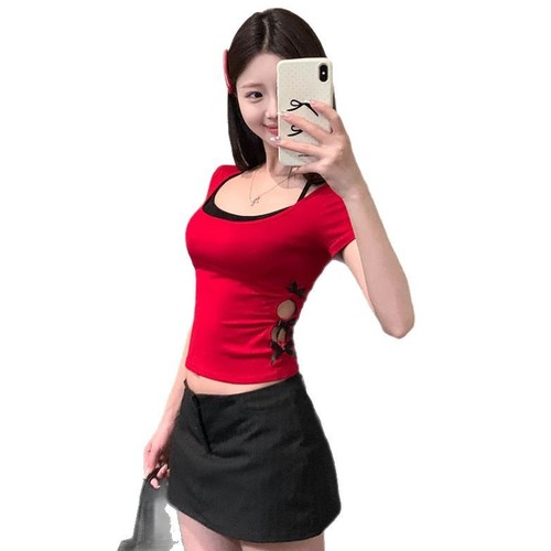 Ins Pure Desire Sexy Butterfly Bow Laced Hollow Short Sleeve T-Shirt Women Beauty Backless Hanging Strap Two-Piece Base Top Women's Top Trendy