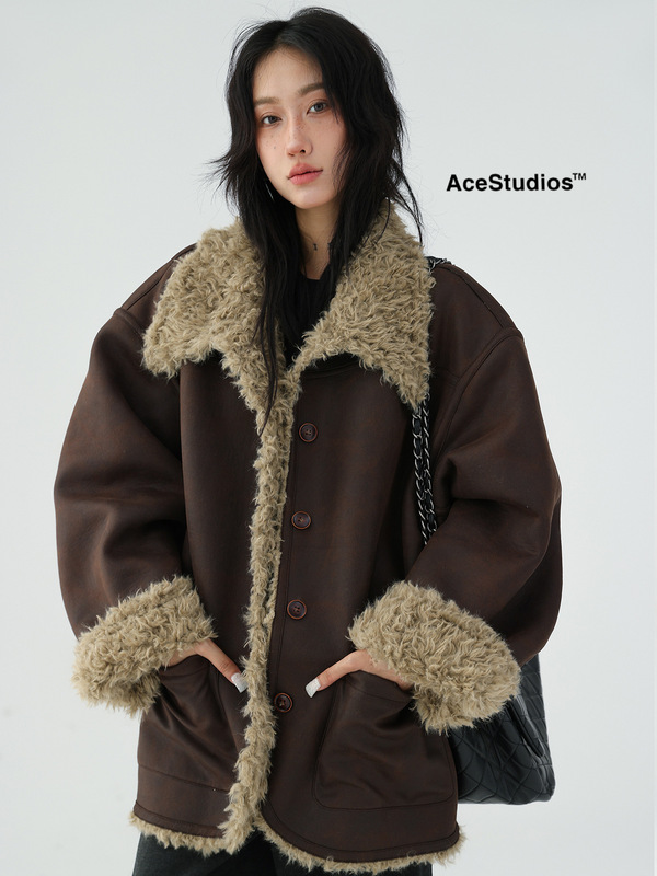 Acestudios美式复古美拉德双面穿一体皮毛羊羔毛保暖棉服皮衣外套|undefined