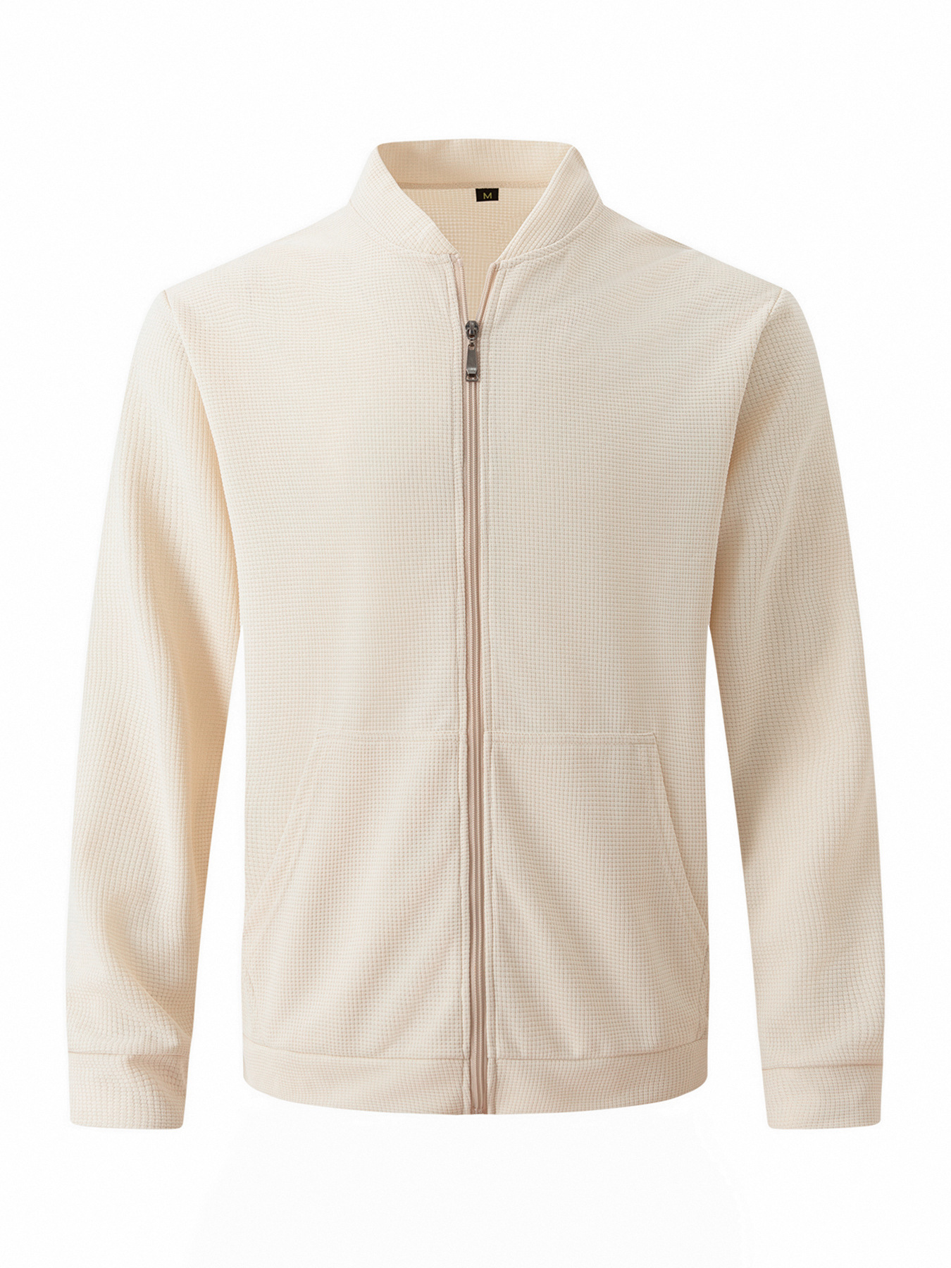 Herren Baseballjacke Langarm Waffelstrick Einfarbig Mit Reißverschluss_voghion.com